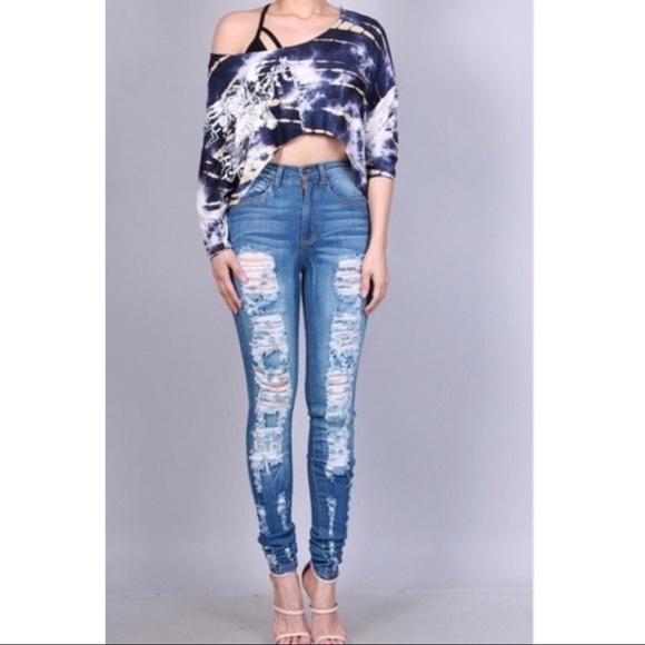 high waist skinny shredded denim (lightblue) - Picture 2 of 3